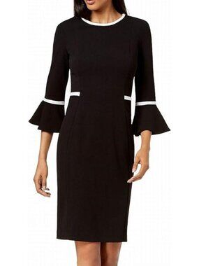 Calvin Klein Sheath Dress Womens Size 12 Black Bell Sleeve White Contrast Piping